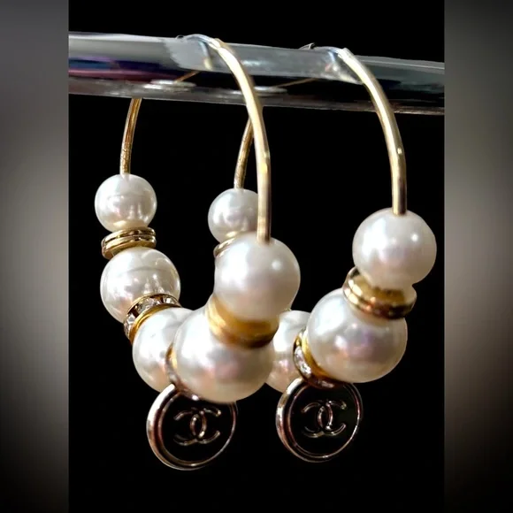 CC Logo Luxe-Inspired Gold, Pearl & CZ Upcycled Hoop Earrings - Picture 6 of 9